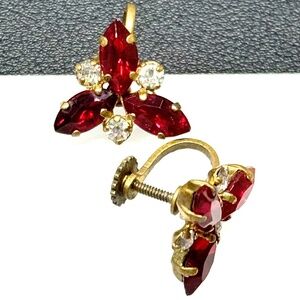 Vtg Western Germany Red Glass Marquise Stones w Rhinestones Screwback Earrings